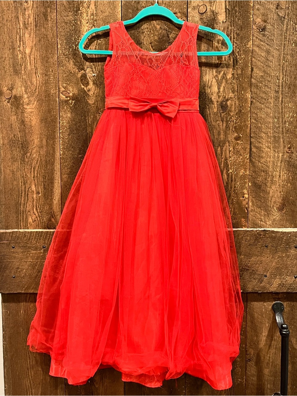 Girls' Red Lace Bodice Tulle Bow Formal Dress